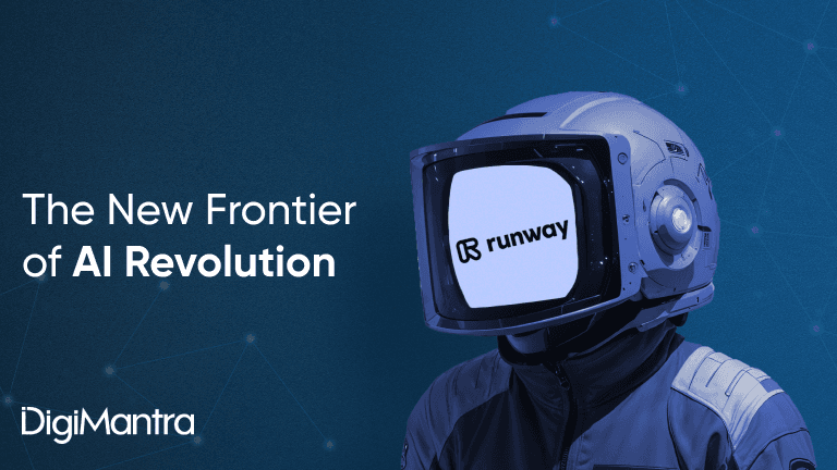 A futuristic astronaut figure wearing a helmet with a digital screen displaying the 'Runway' Gen 3 Alpha logo